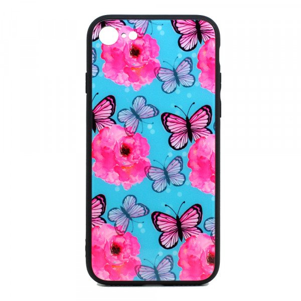 Wholesale iPhone 8 Plus / 7 Plus Design Tempered Glass Hybrid Case (Butterfly Flower)